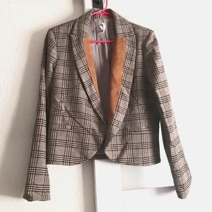 Willow & Clay Wool Blend Gray Plaid Blazer Jacket with Suede Camel Trim